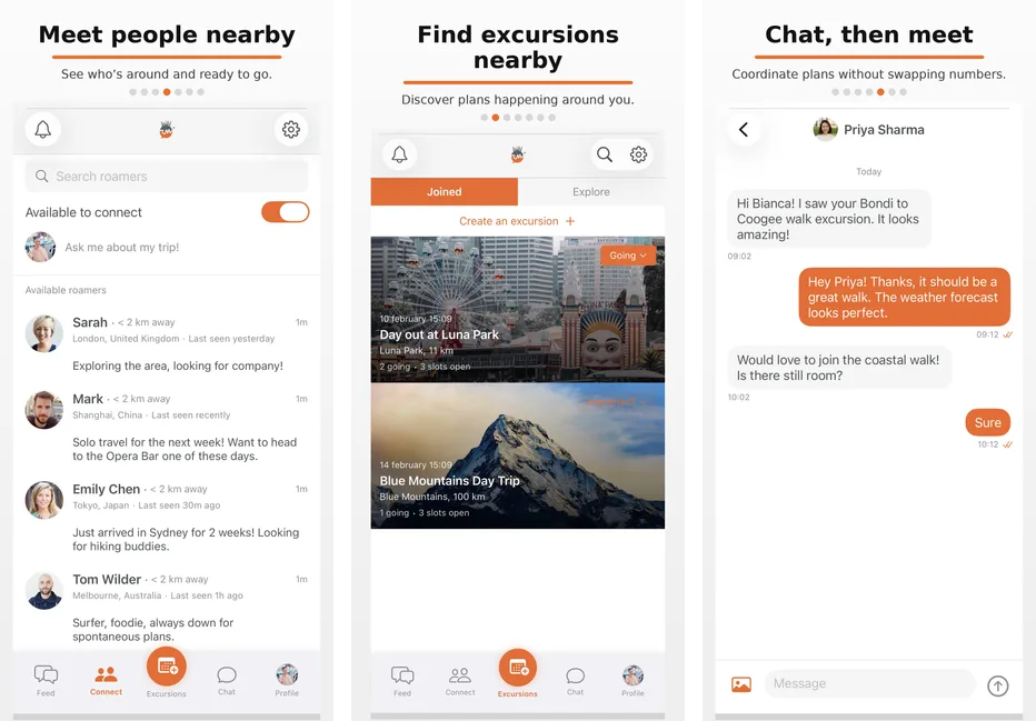 Roammate app screens showing nearby travellers, excursions, and chat